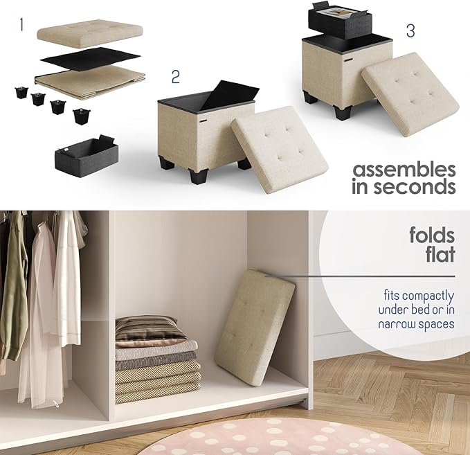 Storage Ottoman Cube with Small Bin, 15-in Square Ottoman with Storage for Living Room and Bedroom, Small Ottomans Foot Rest, Fabric Foot Stools Ottomans Max 330lbs, Beige