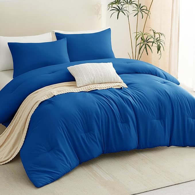 CozyLux Full Size Comforter Set Classic Blue, 3 Pieces Solid Breathable Quilted Bedding Sets, Luxury Lightweight Soft Bed Set with Down Alternative Comforter and 2 Pillowcases for All Seasons