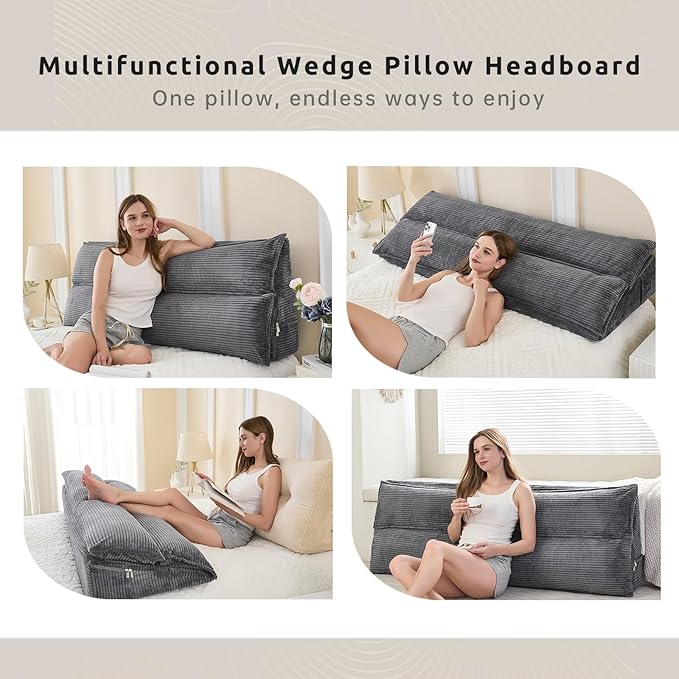 Zelladorra Wedge Pillow Headboard, Headboard Pillow King for Reading or Sitting, Bolster Pillow with Large Memory Foam, Removable Cover, Dark Grey