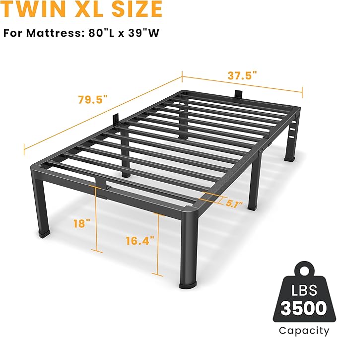 Superay 18 Inch Twin XL Size Metal Platform Bed Frame with Round Corners, Storage Space Under High Bed Frame-Heavy Duty Steel Slats Support, Noise Free - Easy Assembly - No Box Spring Needed