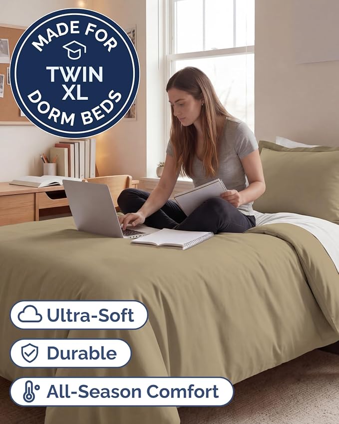 Duvet Cover Twin/Twin XL Size Set - Extra Soft Twin/Twin XL Duvet Cover 68" x 90" with 1 Pillow Sham - Hotel Luxury, Easy Care, Fade Free w/ Zipper Closures & Ties - Comfy, Cozy & Breathable (Beige)