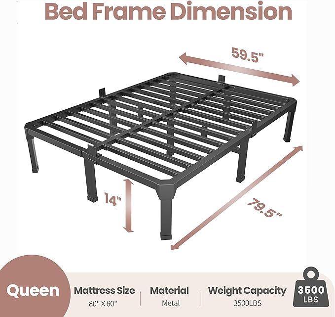 ROIL 14 Inch Queen Size Bed Frame with Mattress Slide Stopper - Double Black Basic Anti Squeak Steel Slats Metal Platform, Heavy Duty Noise Free Easy Assembly Bedframes, No Box Spring Needed