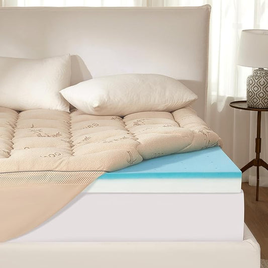 BEDLORE 4 Inch Memory Foam Mattress Topper Full,2-in-1 Dual Layer Design (2" Gel Memory Foam + 2" Plush Pillow Top Cover) Mattress Topper Medium-Firm,Pressure Relief & Back Pain Support(Beige)