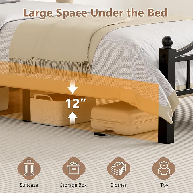 Metal Twin Bed Frames, 1500lb No Squeak Metal Platform with Headboard, 12" Underbed Storage, Tool-Free 30-Min Assembly No Box Spring Needed for Dorms/Apartments