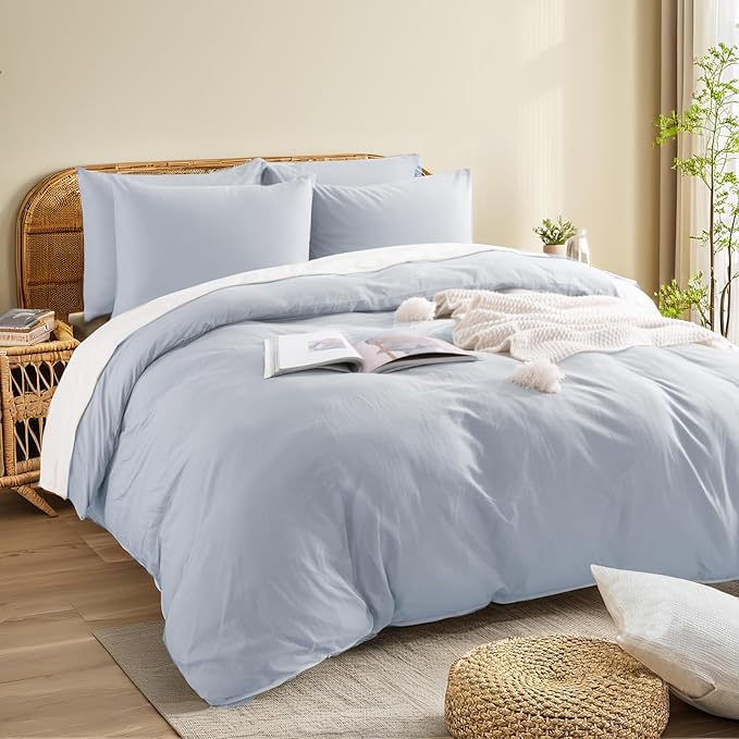 NEXHOME PRO Full Duvet Cover Set, 100% Washed Cotton with Linen-Like Texture, Natural Organic, Breathable & Comfortable, Includes Home Bedding Set Cornflower Blue (No Comforter) 80"x90"