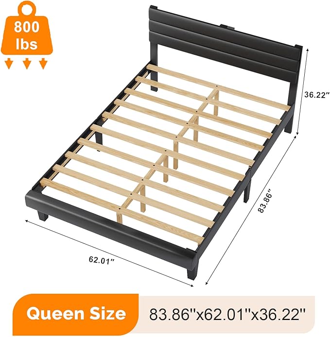 VINGLI Upholstered Bed Frame Queen, Faux Leather Platform Bed with Adjustable Headboard, Wood Mattress Foundation with Heavy Duty Slats Support,Luxury Modern,No Box Spring Needed, Black