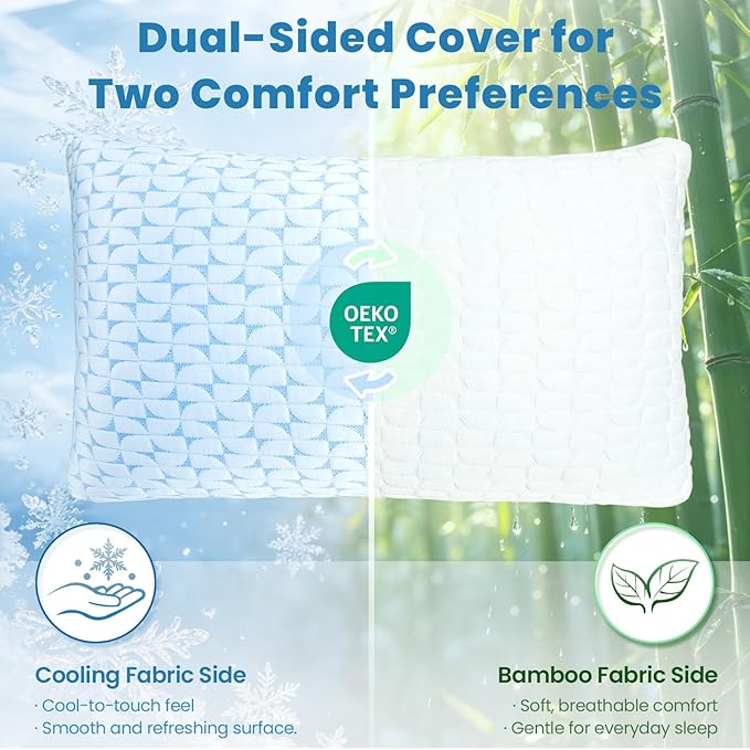 QUTOOL Firm Cooling Pillow Shredded Memory Foam(Adjustable Loft), Supportive Gel Pillow for Side, Back, and Stomach Sleepers, Washable Cover, Queen Size, for Parents Men