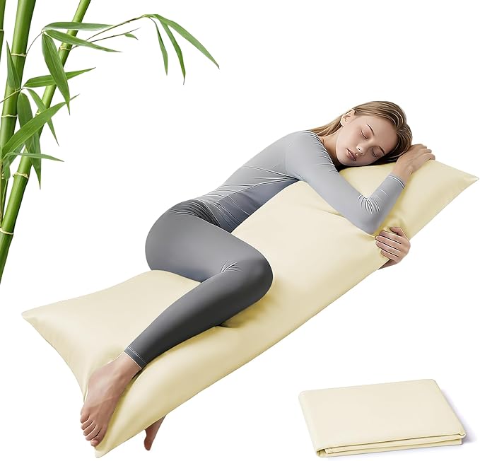 MR&HM Cooling Body Pillow Case 20"x54", Body Pillow Cover for Hot Sleepers, Breathable & Moisture Wicking, Silky Soft Envelope Long Pillowcase, Rayon Derived from Bamboo & Polyester Blend, Cream