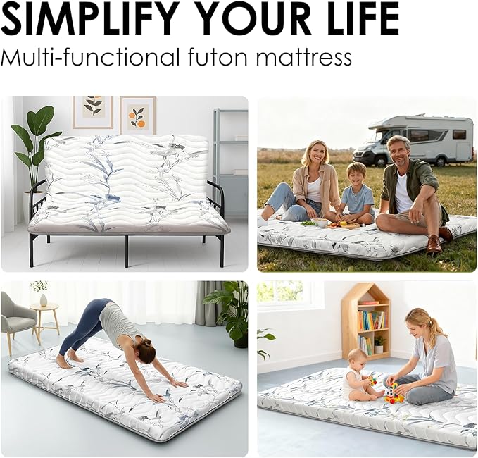 SCHNAUZER HOME Japanese Floor Mattress, 3.5" Thicken Ink Wash Floral Pattern Portable Futon Mattress, 100% High-Density Foam Tatami Mat Sleeping Pad for Camping Guest Room Dormitory RV, White, Twin