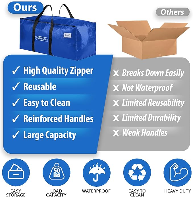 ClearSpace Heavy Duty Moving Bags - Water Resistant Storage Bags or Storage Bins with Lids and Moving Supplies - Large Moving Boxes for College Dorm, Travel, Closet Organization - 8 Pack