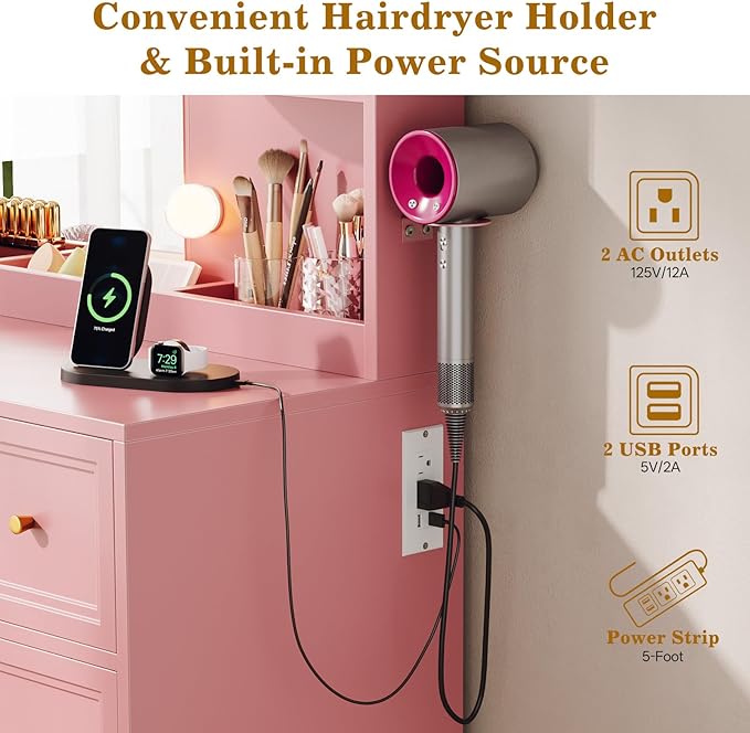 Large Vanity Desk with Mirror and Lights, Makeup Vanity with Power Outlets, 3 Drawers and 2 Large Cabinets, 3 Lighting Modes Adjustable Brightness, Dressing Table for Women Girls, Pink
