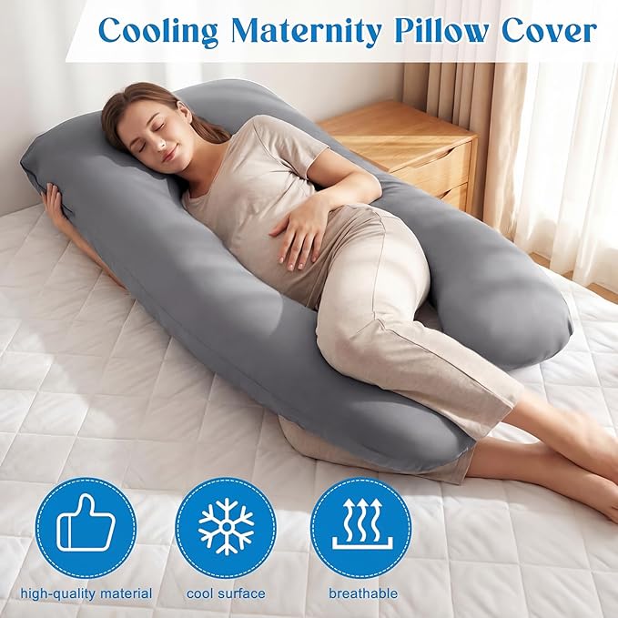 Hahafelt Cooling Pregnancy Pillow Cover (Only Pillowcase) 57 Inch Large U Shaped Full Body Pillowcase Maternity Stretchy Soft Breathable Cool Pillow Cover with Zipper for Side Sleeper (Dark Gray)