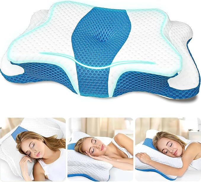 CHxxy Memory Foam Pillows, Cervical Pillow for Neck and Shoulder Pain Relief, Ergonomic Contour Bed Pillow, Soft for Side Sleep Stomach Sleeping and Back Sleeper-Queen Size&Blue