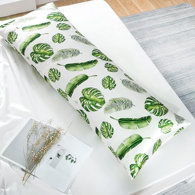 MR&HM Satin Body Pillow Cover, Soft and Breathable Body Pillow Case with Envelope Closure, Cooling and Silky Long Pillowcase for Hair and Skin,Grey (20x54, Leaves)