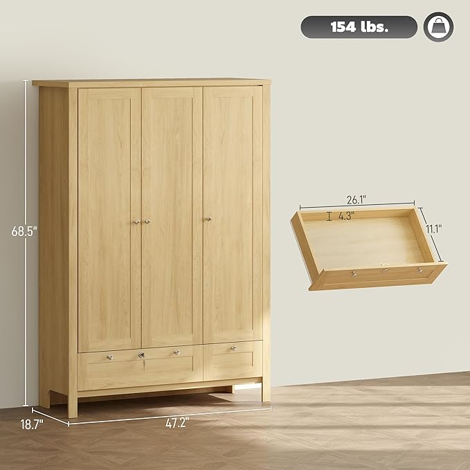 HOMCOM 3 Door Armoire Wardrobe Closet with 2 Drawers, 69" Clothing Storage Cabinet with Lockable Large Drawer, Hanging Rod and Storage Shelves for Bedroom, Wardrobe Cabinet, Natural