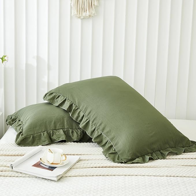 Shabby Chic Olive Green Ruffled Fringe Set of 2 Pillowcases - King (20''x36'')