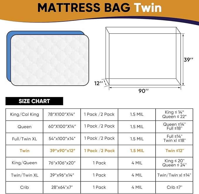 Twin Mattress Bags for Moving and Disposal – Plastic Mattress Protector for Storage,WaterProof Mattress Cover,TearResistant Mattress Wrap,Home Storage,moving supplies