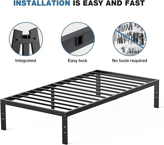 OLIXIS Metal Twin Bed Frame - 14in High with Storage Space, No Box Spring Needed with Sturdy Steel Slat Support, 800LBS Heavy Duty for Easy Assembly, Black for Bedroom