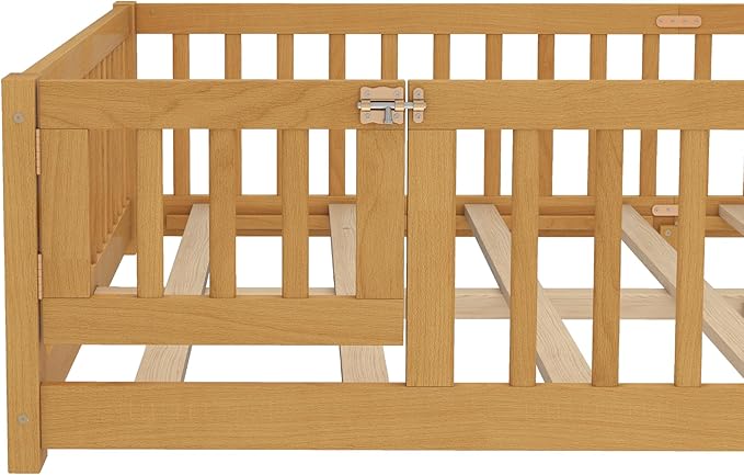 Bellemave Queen Floor Bed with Slats and Door, Queen Size Montessori Floor Bed with Fence and Door, Easy Assemble Montessori Beds Frame for Girls, Boys, Natural