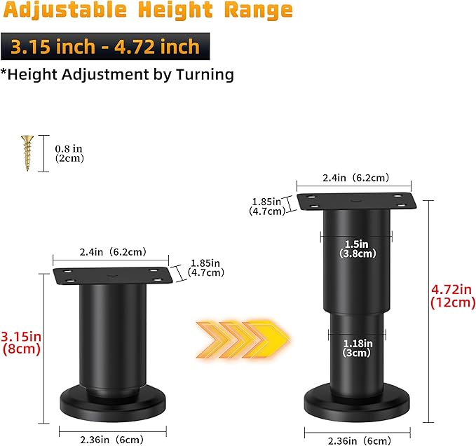 Wlrrcwdttc 4 Pcs Metal Adjustable Furniture Legs 3.15-4.72 inch, Adjustable Cabinet Legs for Sofa/Bed/Chair/Couch/Dresser/Table, Heavy Duty Bed Replacement Support Legs for Bed Frame/Bed Center Slat