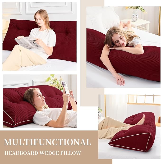 Sasttie Headboard Pillow King, Wedge Pillow Headboard for Sitting Up in Bed, Back-Rest Support Triangular Cushion for Reading - Features Removable Washable Cover, Wine