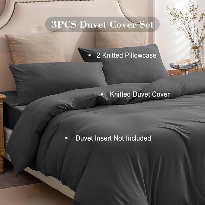PURE ERA Jersey Knit Duvet Cover Set 100% T-Shirt Cotton Super Soft Comfy 3pc Bedding Set with Zipper Closure (Solid Deep Grey, Queen, 90"X90")