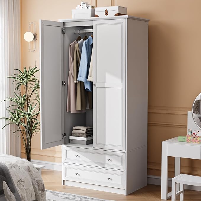 VINGLI Wardrobe Closet with 2 Doors and 2 Drawers, 72" H Wardrobe Cabinet Closet, Freestanding Clothing Storage Cabinet, Wooden White Bedroom Armoire, Combination for Hanging Clothes