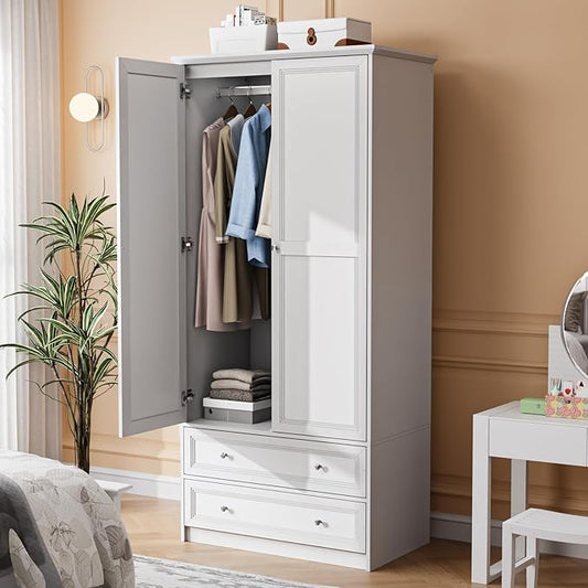 VINGLI Wardrobe Closet with 2 Doors and 2 Drawers, 72" H Wardrobe Cabinet Closet, Freestanding Clothing Storage Cabinet, Wooden White Bedroom Armoire, Combination for Hanging Clothes