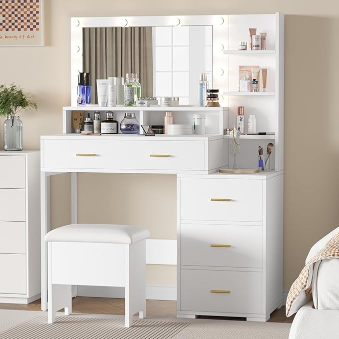 GarveeHome Vanity Desk, Makeup Vanity Table with Mirror & 9 LED Light Bulbs, 4 Large Drawers and 3 Tiers of Open Shelves for Bedroom, White