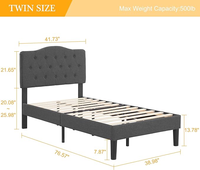 VECELO Twin Size Platform Bed Frame with Fabric Upholstered Headboard and Wooden Slats Support, No Box Spring Needed/Easy Assembly,Dark Grey