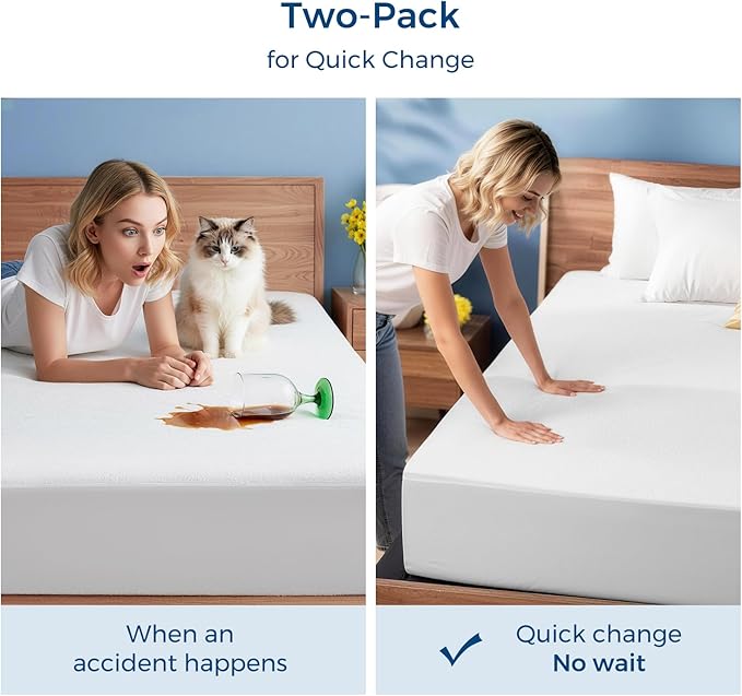 2 Pack Water Proof Mattress Protector Queen Size, Soft Bed Mattress Cover Noiseless with Deep Pocket Fitted for 8"- 21", Breathable Washable Protector Cover for Home, Bedroom, Hotel (White)