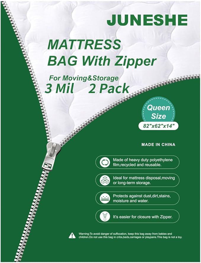 2PK 3 Mil Queen Size Mattress Bags with Zipper for Storage Moving,Plastic Waterproof Mattress Protector Cover Moving Supplies