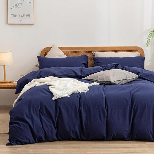 BESTOUCH Duvet Cover Set 100% Washed Cotton Linen Feel Super Soft Comfortable Chic Lightweight 3 PCs Home Bedding Set Solid Navy Blue King
