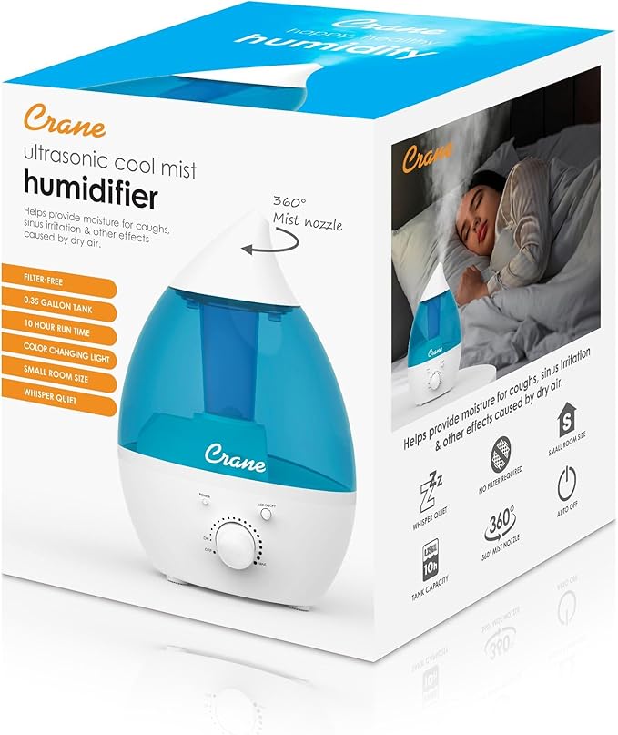 Crane Personal 1.3 Liter Ultrasonic Cool Mist Humidifier for Kids Bedroom, Small Humidifiers For Bedroom, Adjustable Mist, Filter-Free, Auto Shut-Off, Small Humidifier For Plant