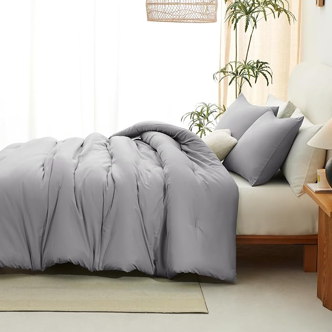 CozyLux Queen Comforter Set Grey, 3 Pieces Solid Comforters Queen Size Breathable Bedding Sets, Gray Luxury Soft Lightweight Bed Set with Down Alternative Comforter and 2 Pillowcases for All Seasons