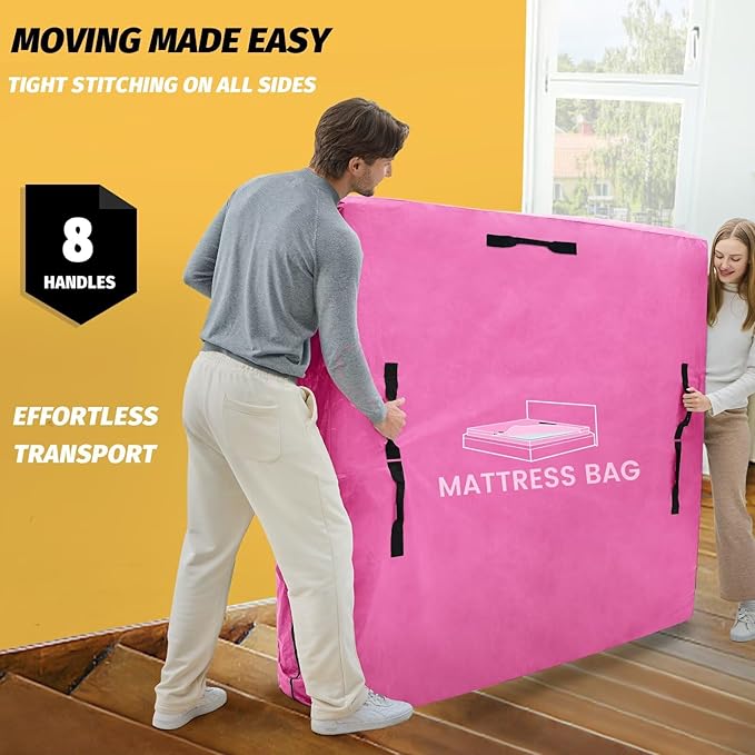 Mattress Bags for Moving and Storage, BETU Queen Mattress Protector Waterproof Mattress Cover with 8 Heavy Duty Handles and Zipper Extra Thick Moving Supplies for Bed Reusable (82x62x13.5 Pink)