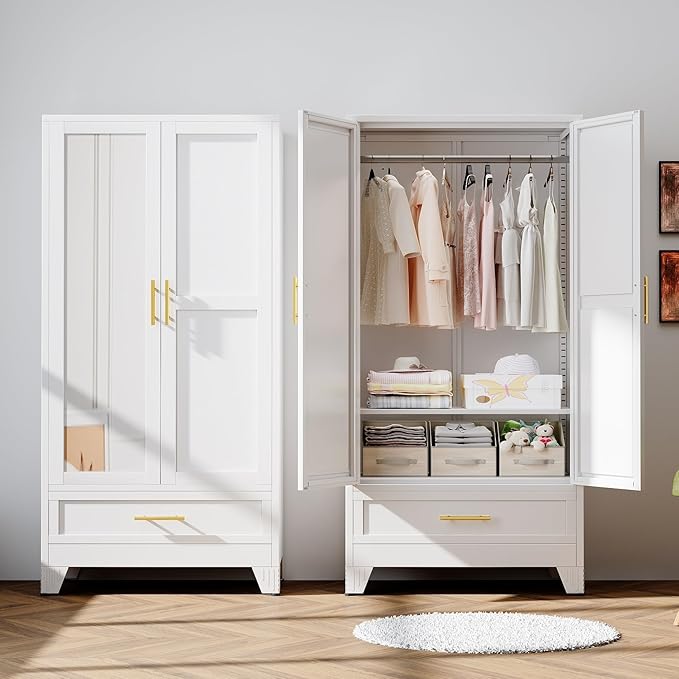 RIETERN Metal Armoire Wardrobe 71" Tall Closet, Bedroom Closet with Mirror, 1 Drawer, Adjustable Shelves, and Hanging Rod, Steel Clothes Closets and Storage, for Bedroom White