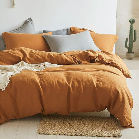 Simple&Opulence 100% Linen Duvet Cover Set 2pcs Basic Style Natural French Washed Flax Solid Color Soft Breathable Farmhouse Bedding with Button Closure - Rust, Twin