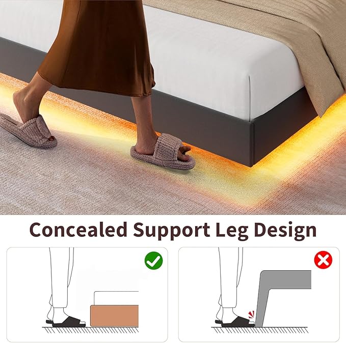 Garvee Full Size Floating Bed Frame with RGB LED Lights and Charging Station, Upholstered Platform Bed with Storage Headboard and Button Tufted Design, No Box Spring Needed, Black