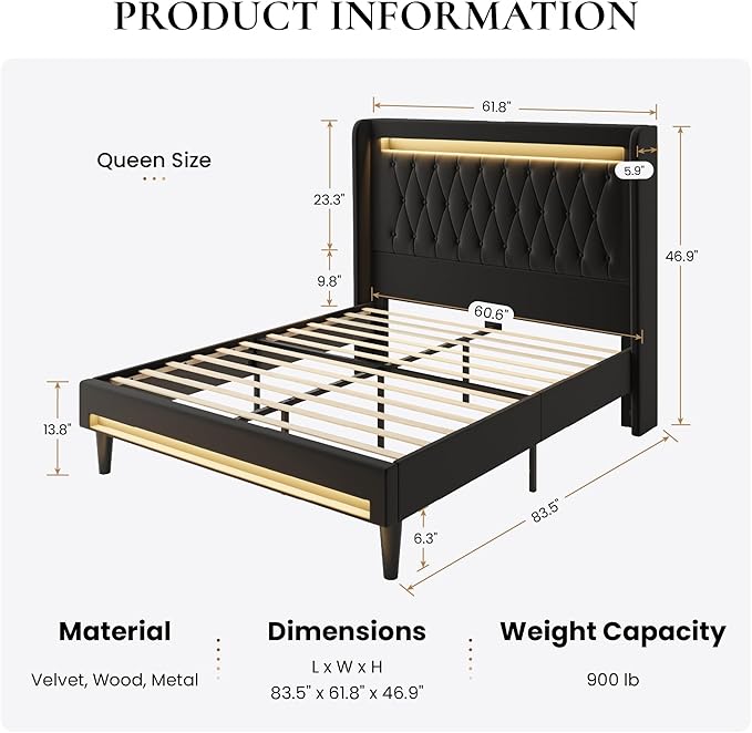 SHA CERLIN Queen Size LED Bed Frame with Charging Station, Velvet Upholstered Platform Bed with High Wingback Headboard, No Box Spring Needed, Easy Assembly, Black