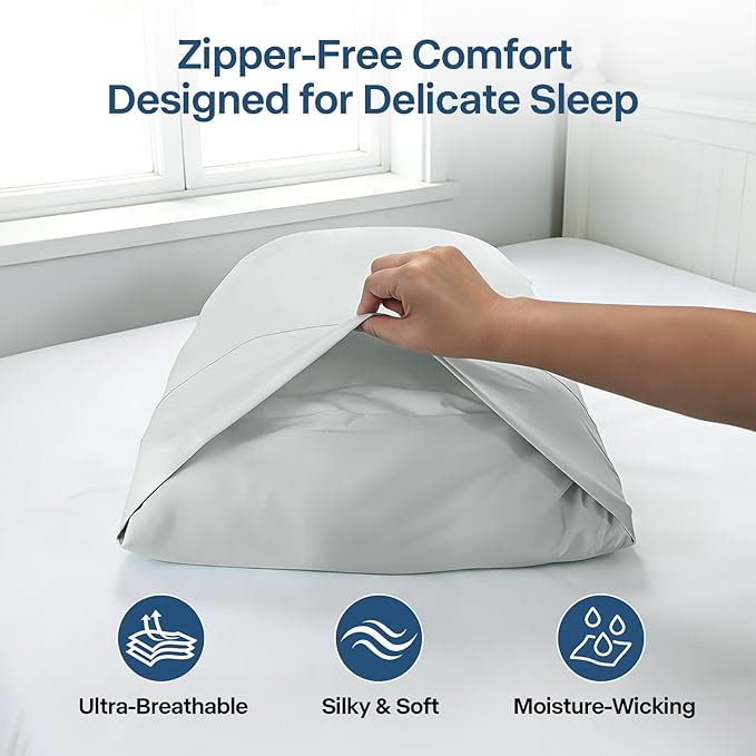 Luxury Cooling Pillowcases Queen Size 2 Pack, Q-Max>0.4 Cool Touch for Hot Sleepers&Night Sweats Beauty Sleep Anti-Frizz, Softer Than Silk Pillowcover Oeko-TEX Certified Grey