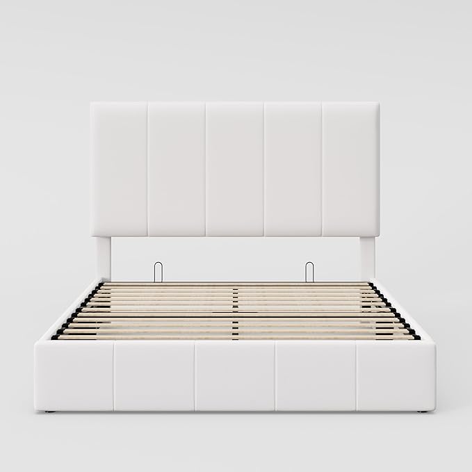 Allewie Full Size Velvet Lift Up Storage Bed Frame, Vertical Channel Tufted Headboard, Hydrualic Underneath Storage, Upholstered Platform Bed, Wooden Slats Support, No Box Spring Needed, White