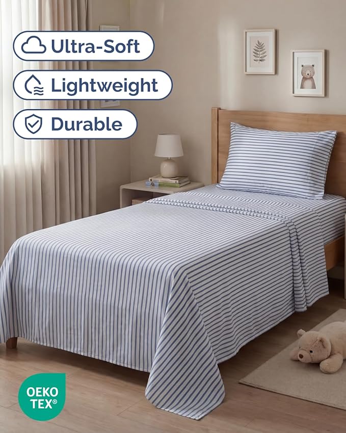 Twin Size 3 Piece Sheet Set - Comfy Breathable & Cooling Sheets - Hotel Luxury Bed Sheets for Women & Men - Deep Pockets, Easy-Fit, Soft and Wrinkle Free Sheets - Blue Stripes Oeko-Tex Bed Sheet Set