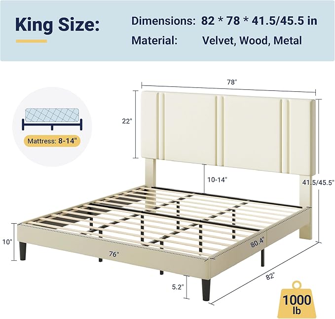 Allewie King Size Platform Bed Frame with Adjustable Headboard, Plush Velvet Upholstered, Vertical Channel Tufted, Sturdy Wooden Slats, No Box Spring Needed, Easy Assembly, Cream