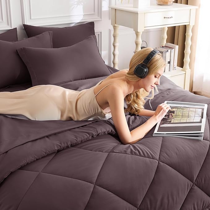 CozyLux King Size Comforter Set Cocoa Powder - 7 Pieces Bed in a Bag King, Luxury Soft Bed Set for All Seasons, Bedding Set with Down Alternative Comforter, Sheets, Pillowcases & Shams