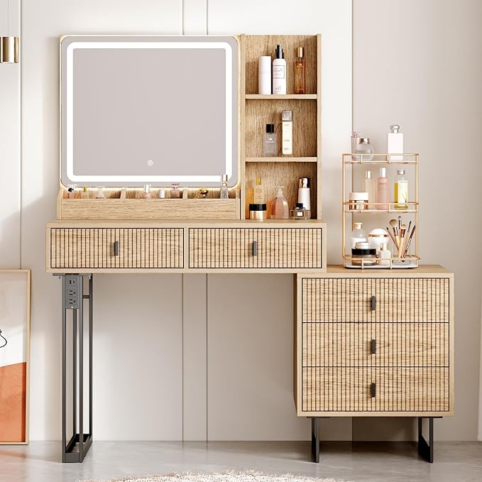 Large Vanity Desk with 3 Color Touch Screen Dimming Mirror, Vanity Desk with Charging Station, Modern Retractable Makeup Dressing Table, Makeup Table With storage shelves and 5 Sliding Drawers, Oak