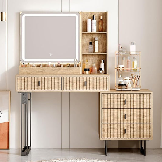 Large Vanity Desk with 3 Color Touch Screen Dimming Mirror, Vanity Desk with Charging Station, Modern Retractable Makeup Dressing Table, Makeup Table With storage shelves and 5 Sliding Drawers, Oak