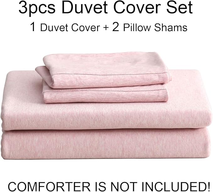 PURE ERA Jersey Knit Duvet Cover Set 100% T-Shirt Cotton Super Soft Comfy 3pc Bedding Set with Zipper Closure (Heather Pink, Queen)
