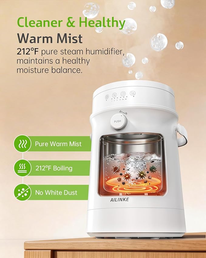 Stainless Steel Humidifier for Bedroom, Warm Mist Steam Humidifier 4L with Self-Cleaning Mode, Easy Clean Dishwasher Safe Humidifiers for Large room Living Room Home Office, Tip-Over Protection, White
