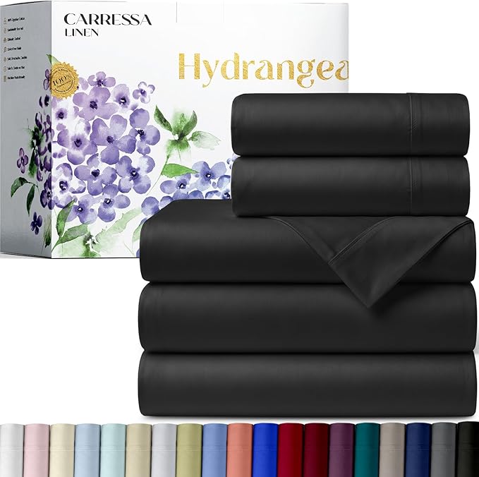 Carressa Linen 100% Egyptian Cotton Split King Sheets Sets for Adjustable Bed - 600 Series Hydrangeas Collection 5 PC Black Top Split King Sheets, 16" Deep Pocket Sheet for Adjustable Bed